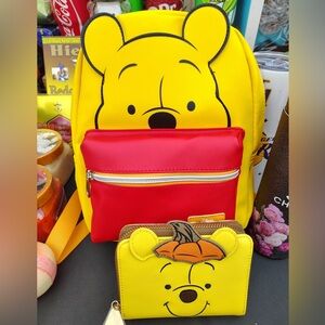 Yellow & Red Kids Backpack with Matching Wallet - Cute Bear Face